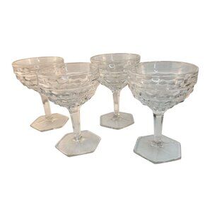 Title:  Fostoria American Clear Cubist Champagne Sherbets  Hex Footed 1960s Host